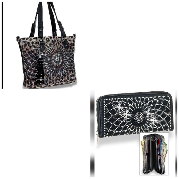 Leopard Rhinestone Covered Tote Handbag & Matching Wallet Set - Picture 1 of 13
